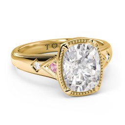 Elongated Cushion "Golden Era" Ring with Birthstones in 18K Gold Plated Silver with Pink Tourmaline, Cubic Zirconia, and White Premium Zirconia