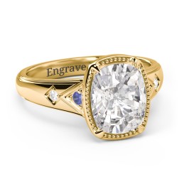 Elongated Cushion "Golden Era" Ring with Birthstones in 18K Gold Plated Silver with Blue Sapphire, Cubic Zirconia, and White Premium Zirconia