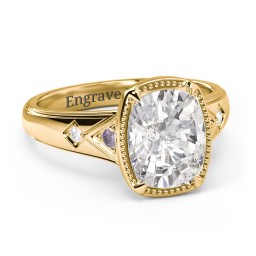 Elongated Cushion "Golden Era" Ring with Birthstones in 18K Gold Plated Silver with Alexandrite, Cubic Zirconia, and White Premium Zirconia