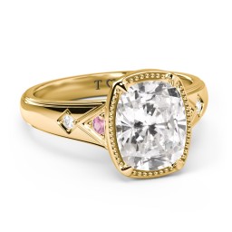 Elongated Cushion "Golden Era" Ring with Birthstones in 18K Gold Plated Silver with Pink Tourmaline, Cubic Zirconia, and White Premium Zirconia