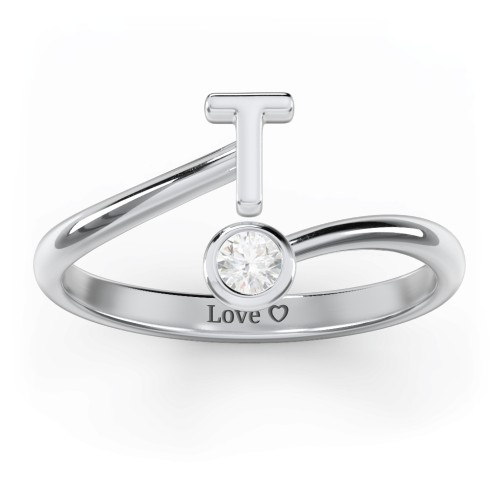 Initial & Birthstone Bypass Ring – Sterling Silver with Diamond