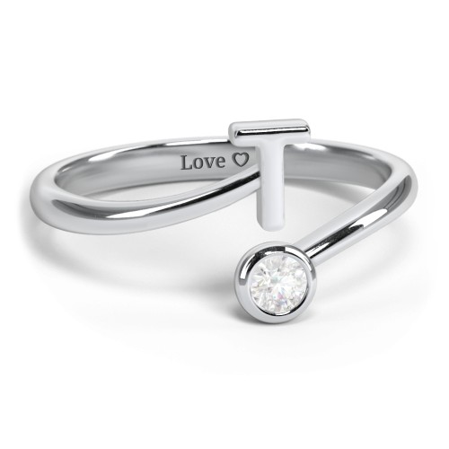 Initial & Birthstone Bypass Ring – Sterling Silver with Diamond
