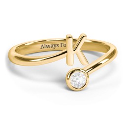 Initial & Birthstone Bypass Ring in 18K Gold Plated Silver with Diamond