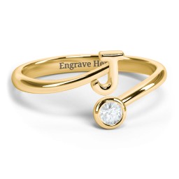 Initial & Birthstone Bypass Ring in 18K Gold Plated Silver with Aquamarine