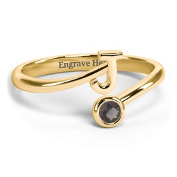 Initial & Birthstone Bypass Ring in 18K Gold Plated Silver with Smokey Quartz