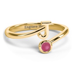 Initial & Birthstone Bypass Ring in 18K Gold Plated Silver with Ruby