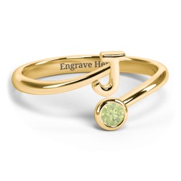 Initial & Birthstone Bypass Ring in 18K Gold Plated Silver with Peridot