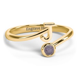 Initial & Birthstone Bypass Ring in 18K Gold Plated Silver with Alexandrite