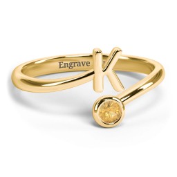 Initial & Birthstone Bypass Ring in 18K Gold Plated Silver with Citrine