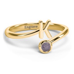 Initial & Birthstone Bypass Ring in 18K Gold Plated Silver with Alexandrite
