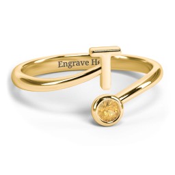 Initial & Birthstone Bypass Ring in 18K Gold Plated Silver with Citrine