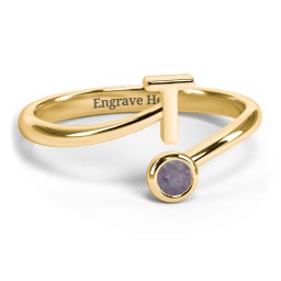 Initial & Birthstone Bypass Ring in 18K Gold Plated Silver with Alexandrite