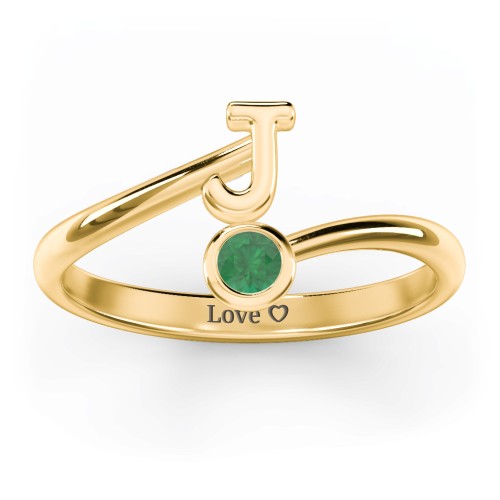 Initial & Birthstone Bypass Ring – 18K Gold Plated Silver with Emerald