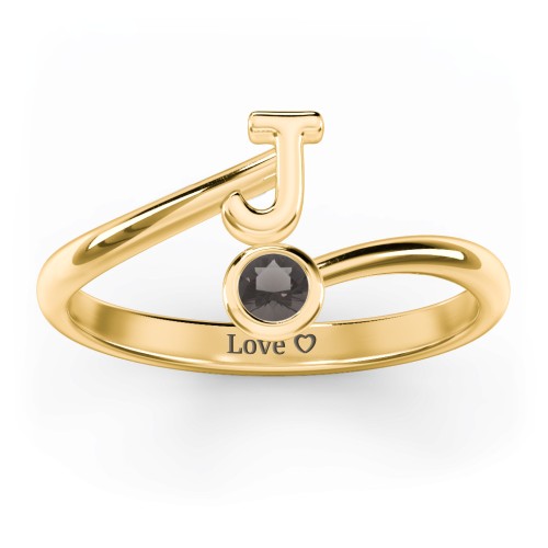 Initial & Birthstone Bypass Ring – 18K Gold Plated Silver with Smokey Quartz
