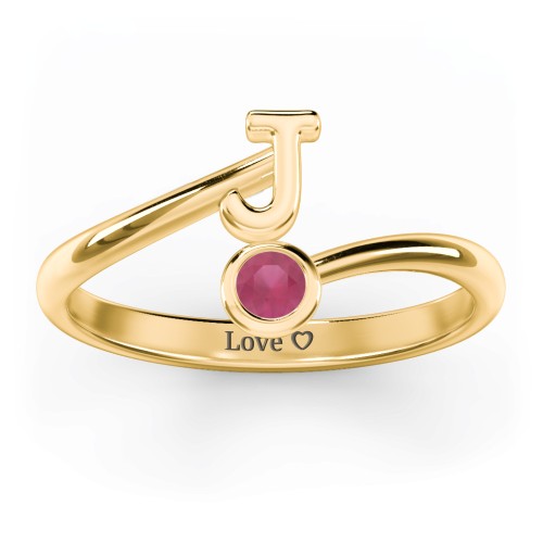 Initial & Birthstone Bypass Ring – 18K Gold Plated Silver with Ruby