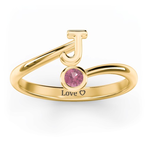 Initial & Birthstone Bypass Ring – 18K Gold Plated Silver with Pink Tourmaline