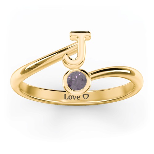 Initial & Birthstone Bypass Ring – 18K Gold Plated Silver with Alexandrite