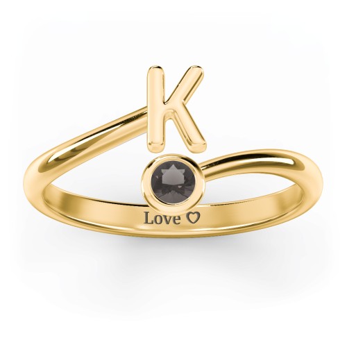 Initial & Birthstone Bypass Ring – 18K Gold Plated Silver with Smokey Quartz