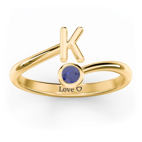 Initial & Birthstone Bypass Ring – 18K Gold Plated Silver with Blue Sapphire