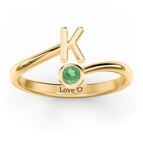 Initial & Birthstone Bypass Ring – 18K Gold Plated Silver with Emerald