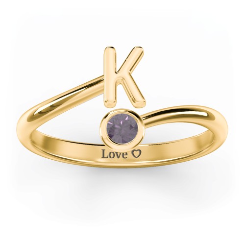 Initial & Birthstone Bypass Ring – 18K Gold Plated Silver with Alexandrite