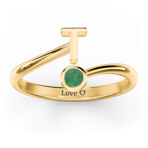 Initial & Birthstone Bypass Ring – 18K Gold Plated Silver with Emerald