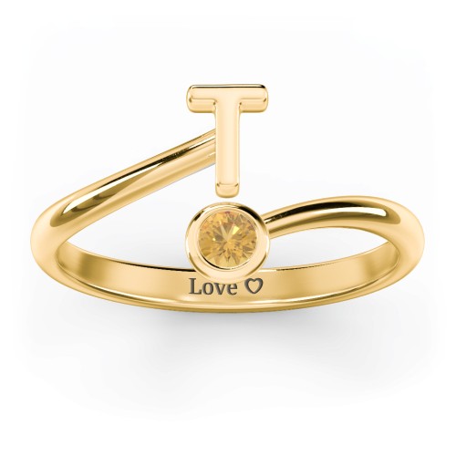 Initial & Birthstone Bypass Ring – 18K Gold Plated Silver with Citrine