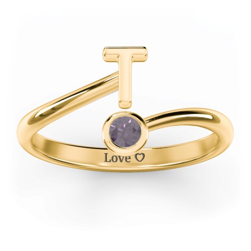 Initial & Birthstone Bypass Ring – 18K Gold Plated Silver with Alexandrite