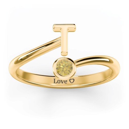 Initial & Birthstone Bypass Ring – 18K Gold Plated Silver with Citrine