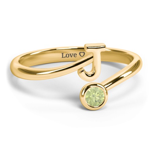 Initial & Birthstone Bypass Ring – 18K Gold Plated Silver with Peridot