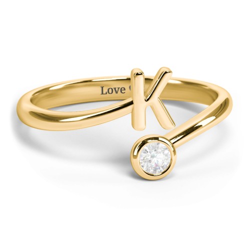Initial & Birthstone Bypass Ring – 18K Gold Plated Silver with Diamond