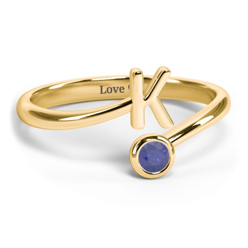 Initial & Birthstone Bypass Ring – 18K Gold Plated Silver with Blue Sapphire