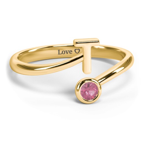 Initial & Birthstone Bypass Ring – 18K Gold Plated Silver with Pink Tourmaline