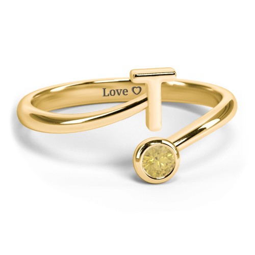 Initial & Birthstone Bypass Ring – 18K Gold Plated Silver with Citrine