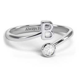 Initial & Birthstone Bypass Ring in 925 Sterling Silver with Diamond