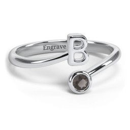 Initial & Birthstone Bypass Ring in 925 Sterling Silver with Smokey Quartz