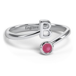 Initial & Birthstone Bypass Ring in 925 Sterling Silver with Ruby