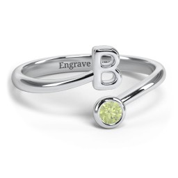Initial & Birthstone Bypass Ring in 925 Sterling Silver with Peridot