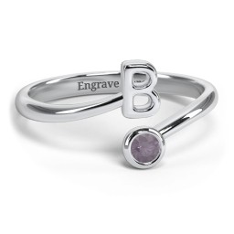 Initial & Birthstone Bypass Ring in 925 Sterling Silver with Alexandrite