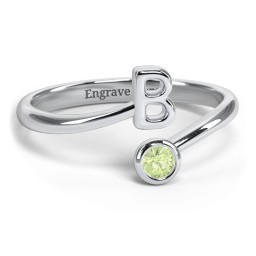 Initial & Birthstone Bypass Ring in 925 Sterling Silver with Peridot