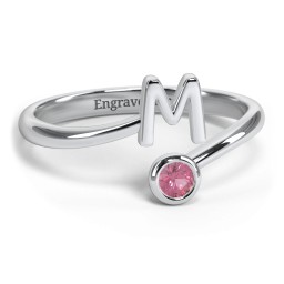 Initial & Birthstone Bypass Ring in 925 Sterling Silver with Pink Tourmaline