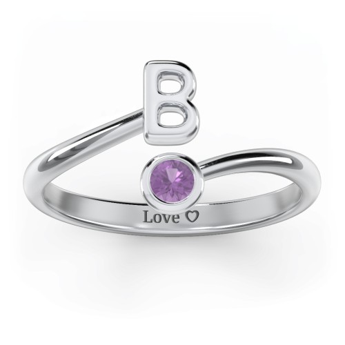 Initial & Birthstone Bypass Ring – Sterling Silver with Amethyst