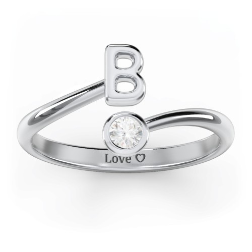 Initial & Birthstone Bypass Ring – Sterling Silver with Diamond