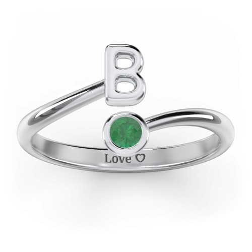Initial & Birthstone Bypass Ring – Sterling Silver with Emerald