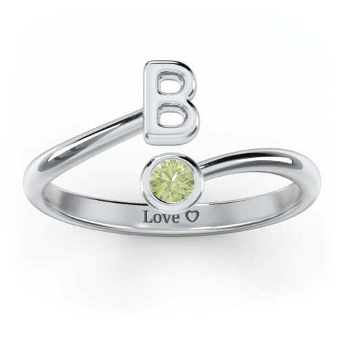 Initial & Birthstone Bypass Ring – Sterling Silver with Peridot