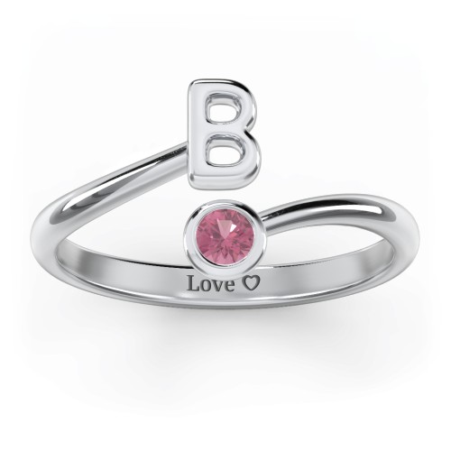 Initial & Birthstone Bypass Ring – Sterling Silver with Pink Tourmaline