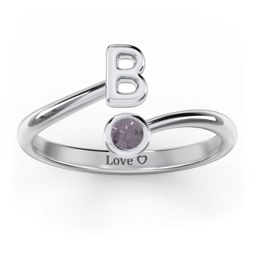Initial & Birthstone Bypass Ring – Sterling Silver with Alexandrite