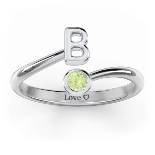 Initial & Birthstone Bypass Ring – Sterling Silver with Peridot