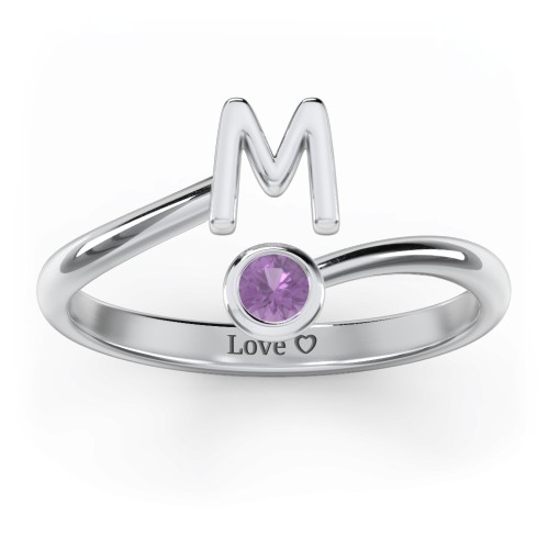 Initial & Birthstone Bypass Ring – Sterling Silver with Amethyst