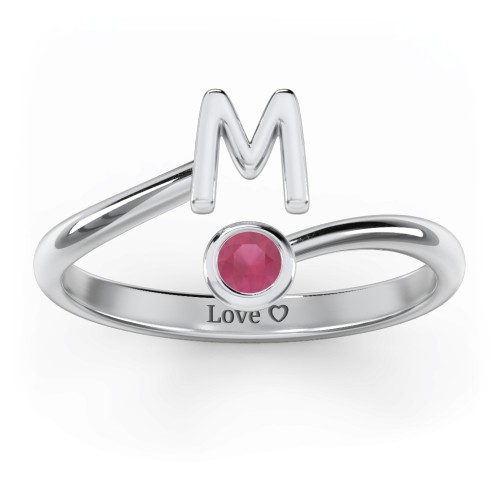 Initial & Birthstone Bypass Ring – Sterling Silver with Ruby